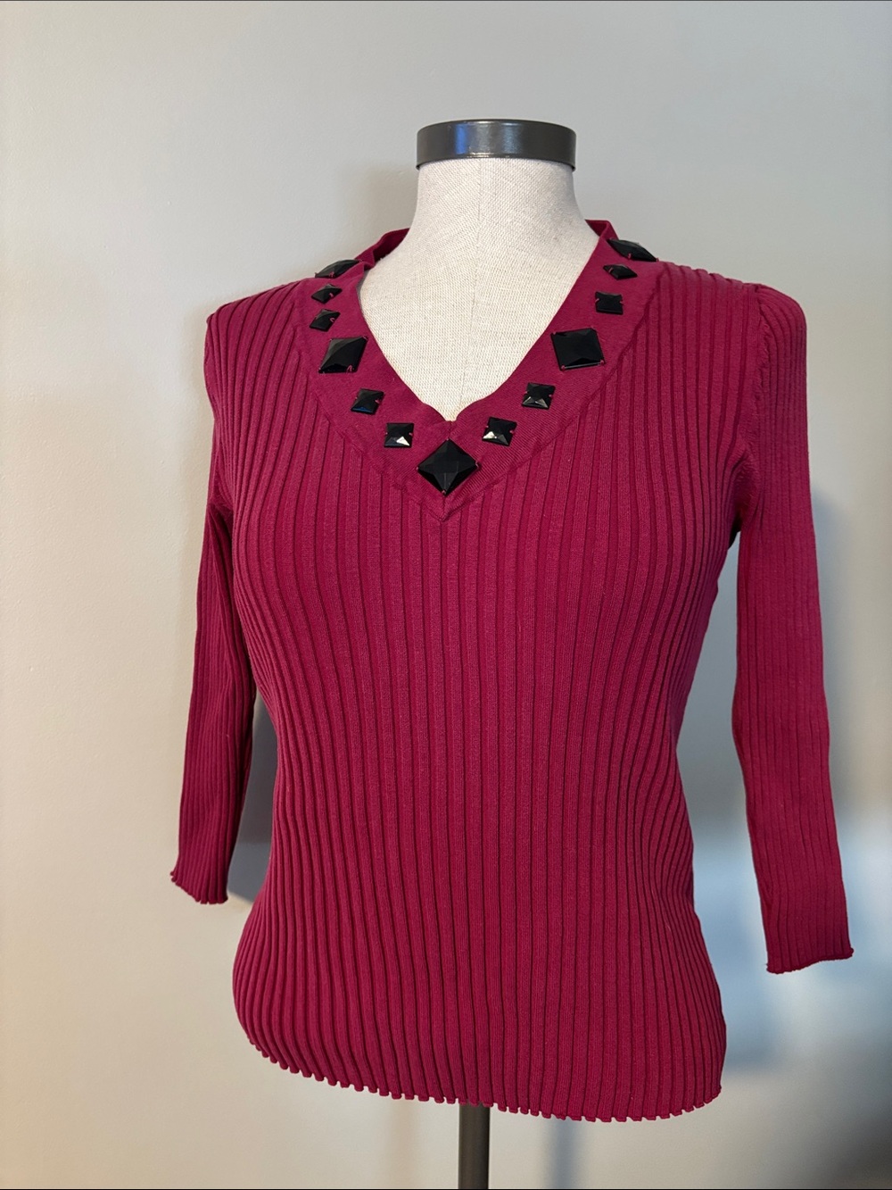 august silk Berry Ribbed V-Neck Sweater with Black Gem Accents